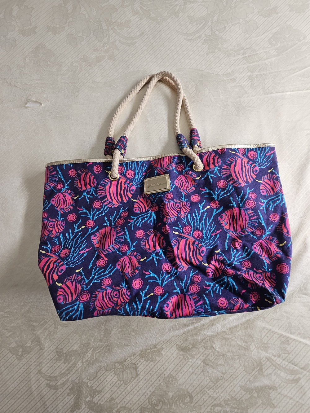 Lilly Pulitzer Jammin Fish Shoreline Tote Bag Canvas Rope Handle 28982